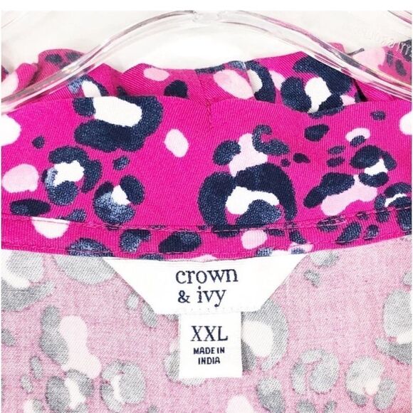 Crown & Ivy Pink & Black Animal Print Ruffle
V Neck Stretch Popover Top - Picture 8 of 9